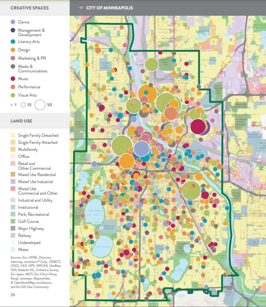 Colorful muted-tone map of Minneapolis with circles representing different creative spaces. The red circles, places where Twin Cities music is made, are the focus. 