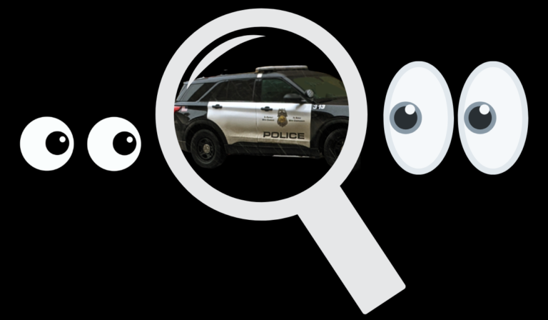 Two floating pairs of eyes looking through magnifying glass at a Minneapolis Police Department squad car
